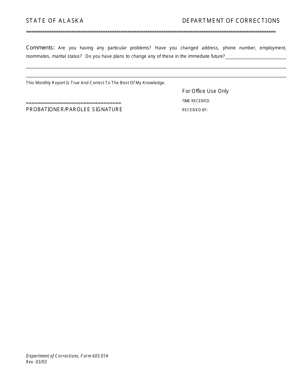 Form 603.01A Probation / Parole Monthly Report Form - Alaska, Page 2