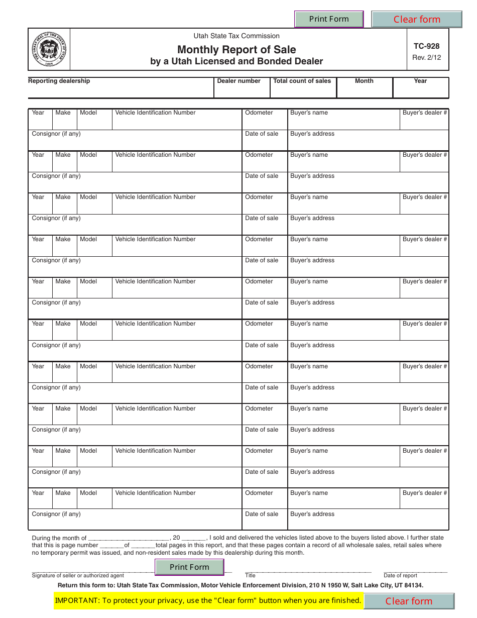 Form TC-928 Monthly Report of Sale by a Utah Licensed and Bonded Dealer - Utah, Page 1
