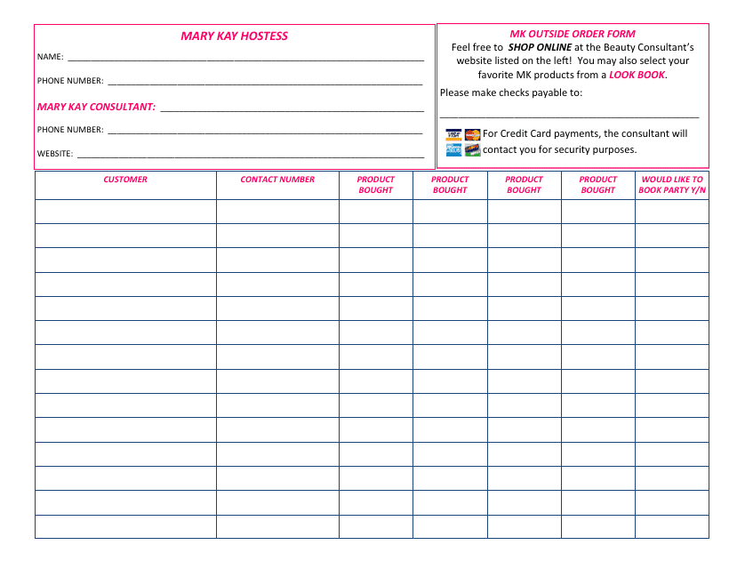 &quot;Outside Order Form - Mary Kay&quot; Download Pdf