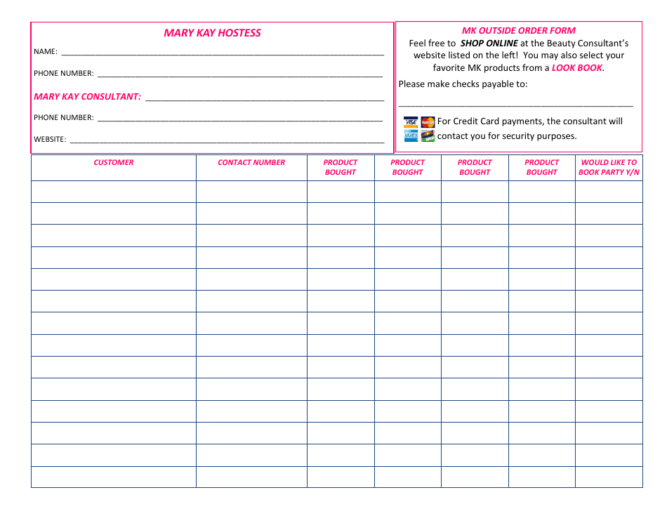 Outside Order Form - Mary Kay, Page 1