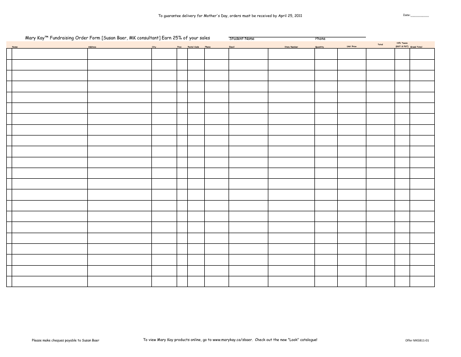 Fundraising Order Form - Mary Kay, Page 1