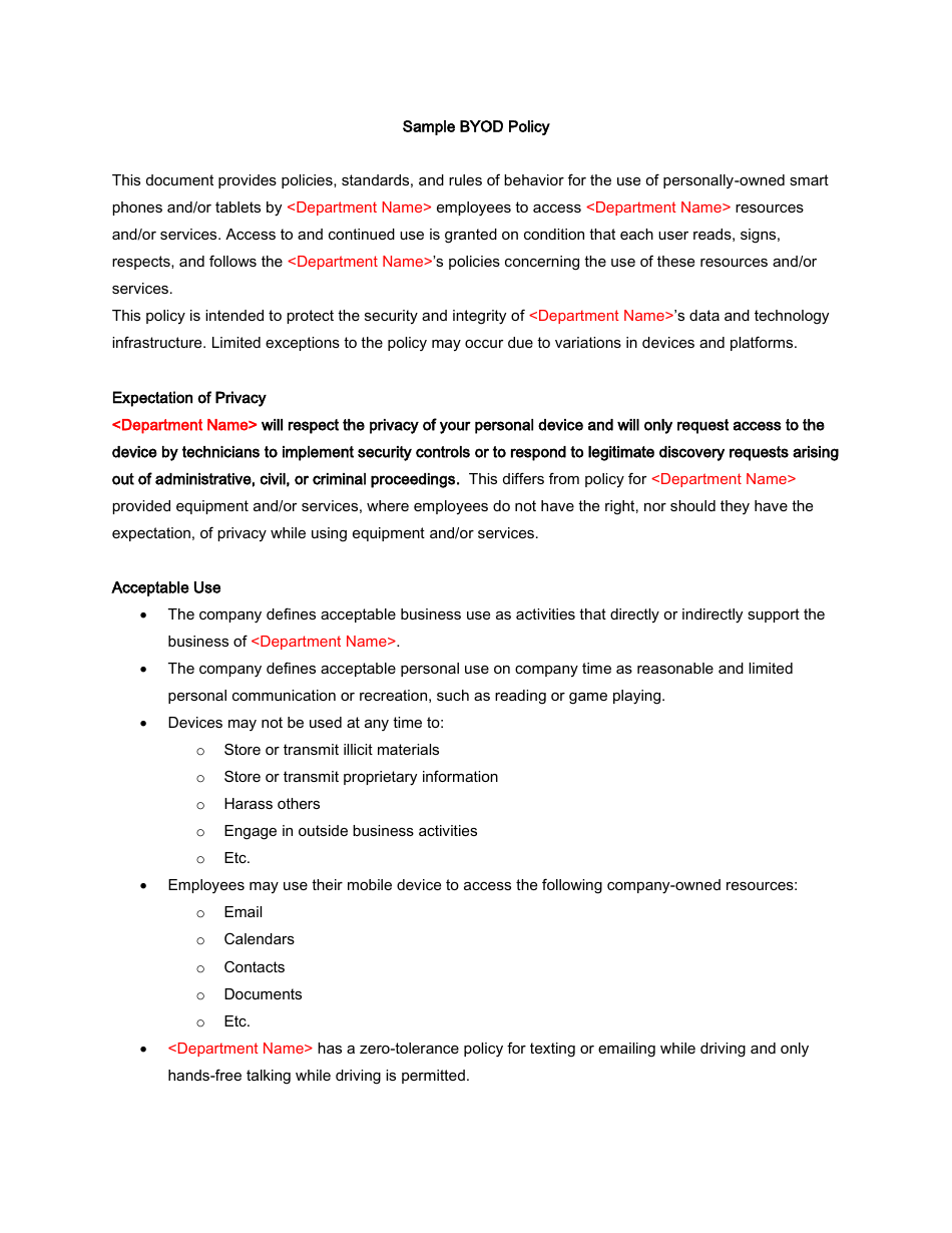 Preview image of a Bring-Your-Own-Device (BYOD) Policy document template