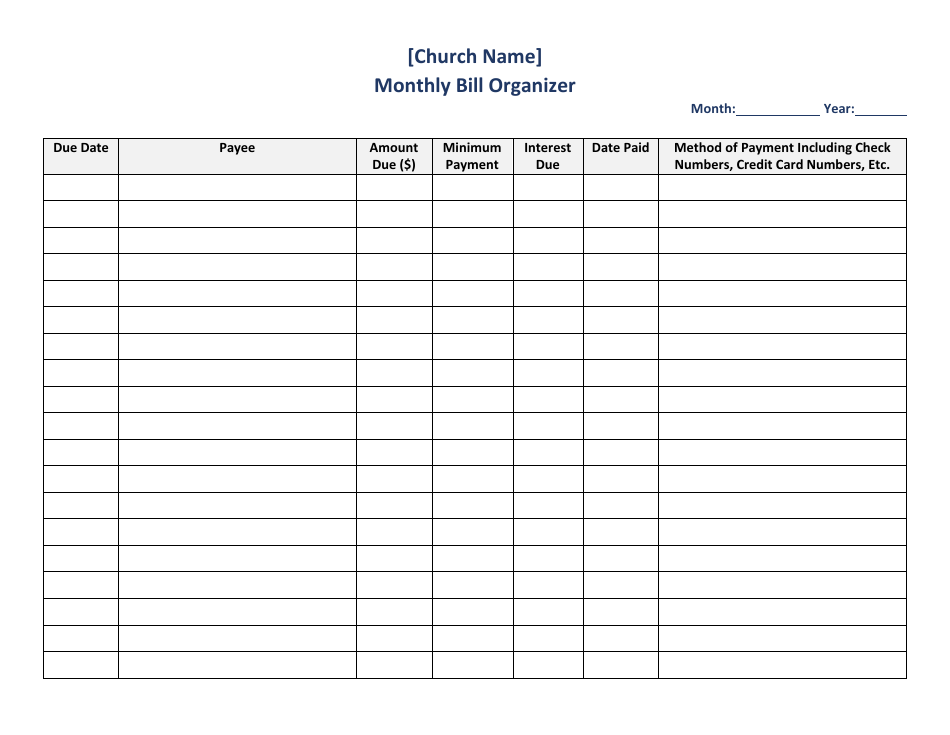 Church Monthly Bill Organizer Template Image