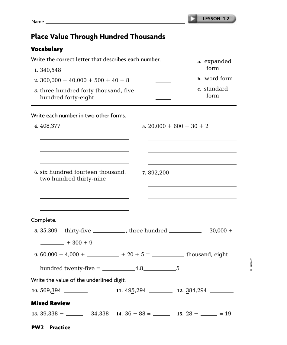 Place Value Through Hundred Thousands Worksheet With Answer Key - Exeter Township School District