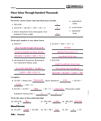 Place Value Through Hundred Thousands Worksheet With Answer Key - Exeter Township School District, Page 2