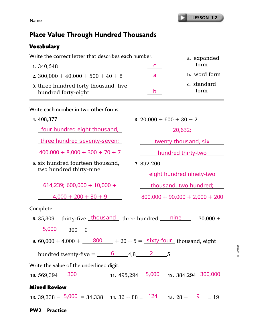 my homework lesson 1 place value through thousands answer key