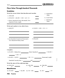 Document preview: Place Value Through Hundred Thousands Worksheet With Answer Key - Exeter Township School District