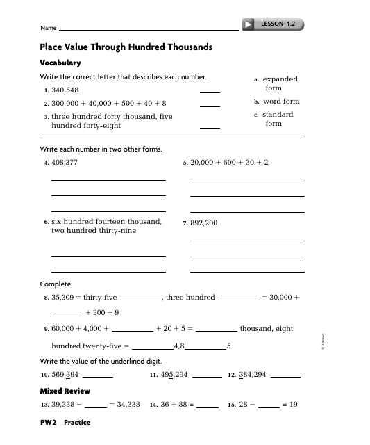 Place Value Through Hundred Thousands Worksheet With Answer Key - Exeter Township School District