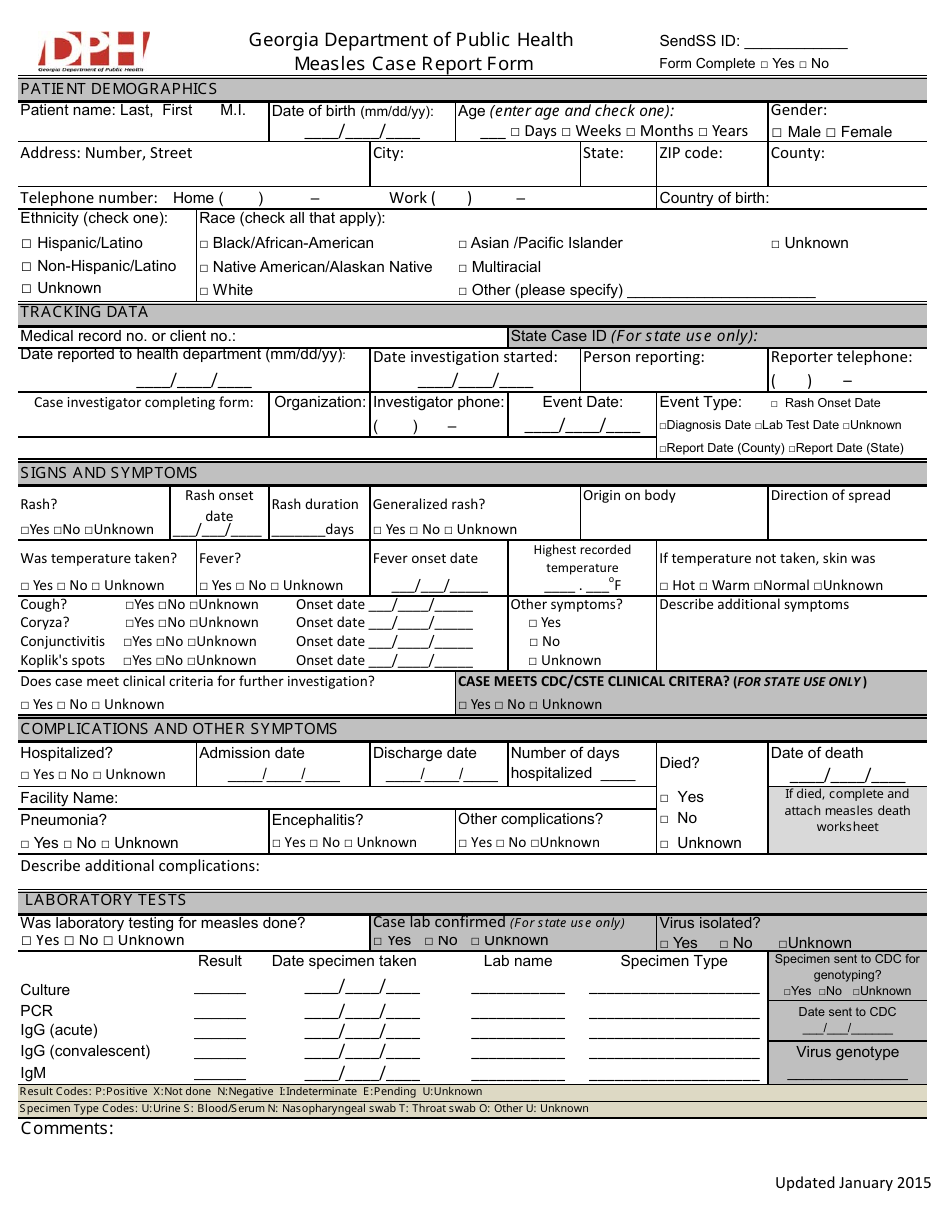 Measles Case Report Form - Georgia (United States), Page 1