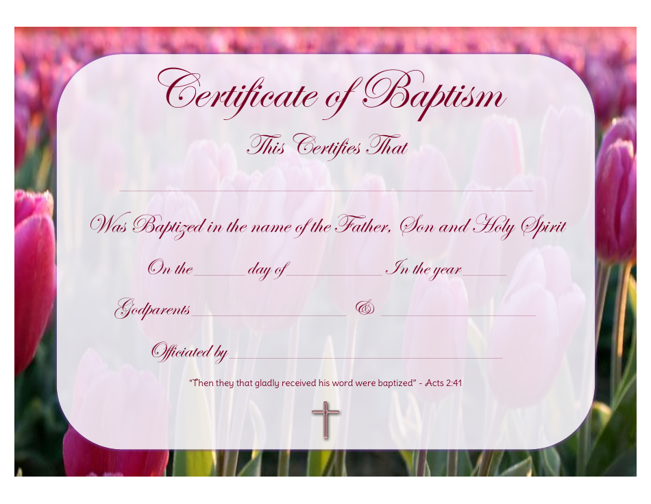 A colorful Certificate of Baptism Template adorned with lovely tulips.