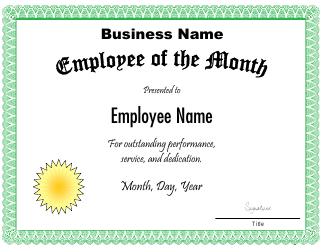 Document preview: Employee of the Month Certificate Template - Green