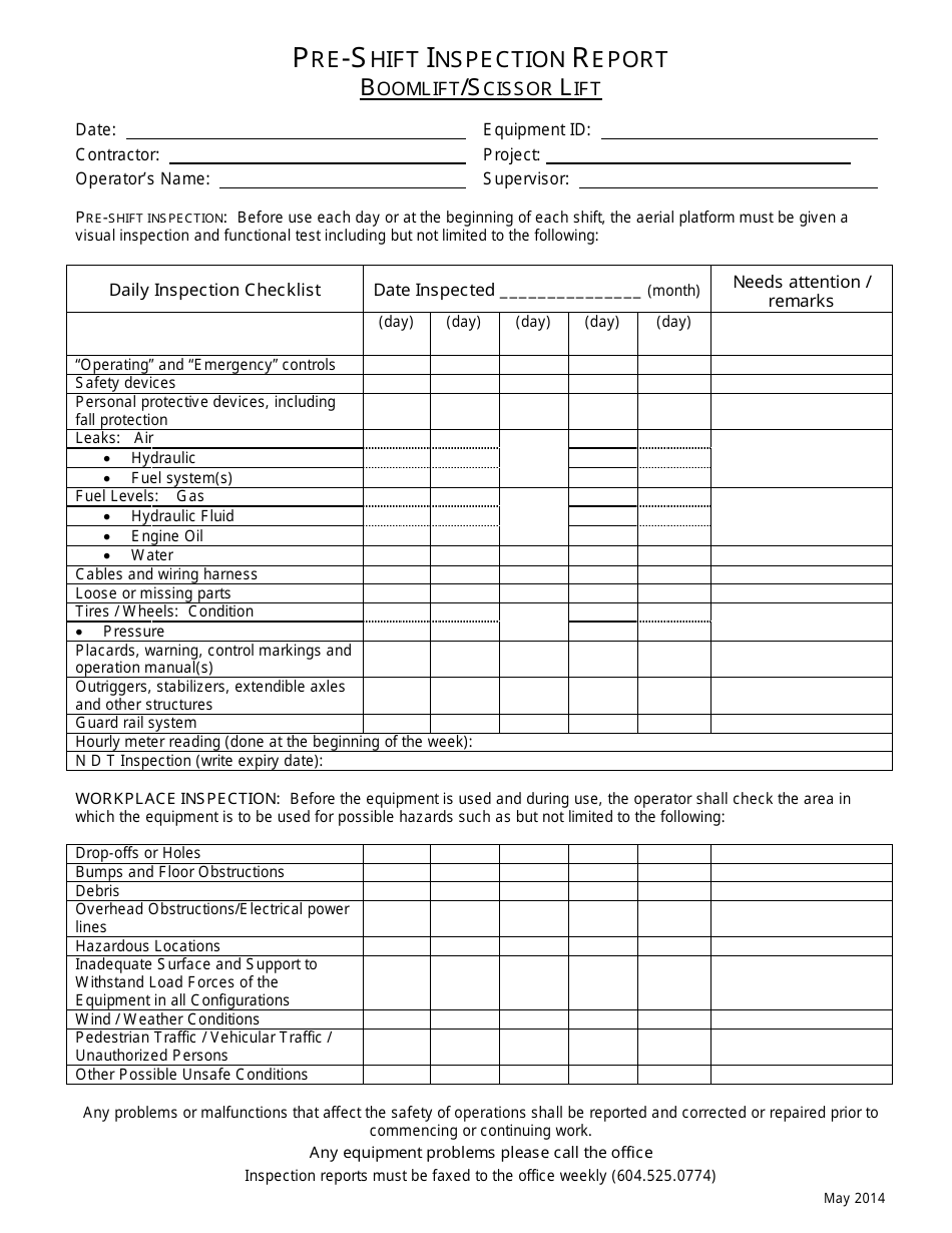 Pre-shift Inspection Report Form - Boomlift / Scissor Lift, Page 1