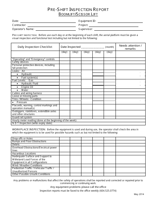 Pre-shift Inspection Report Form - Boomlift/Scissor Lift