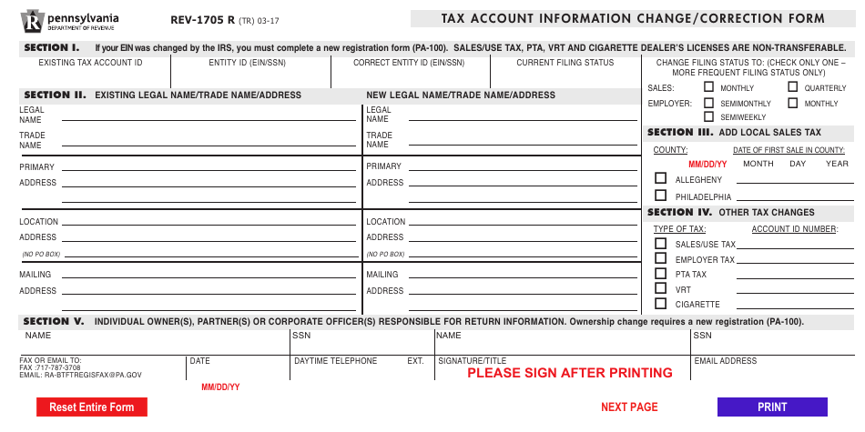 Form REV-1705R Tax Account Information Change / Correction Form - Pennsylvania, Page 1