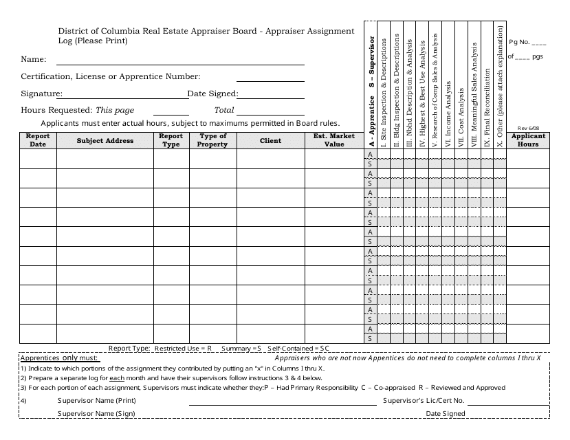 Appraiser Assignment Log Form - Washington, D.C. Download Pdf