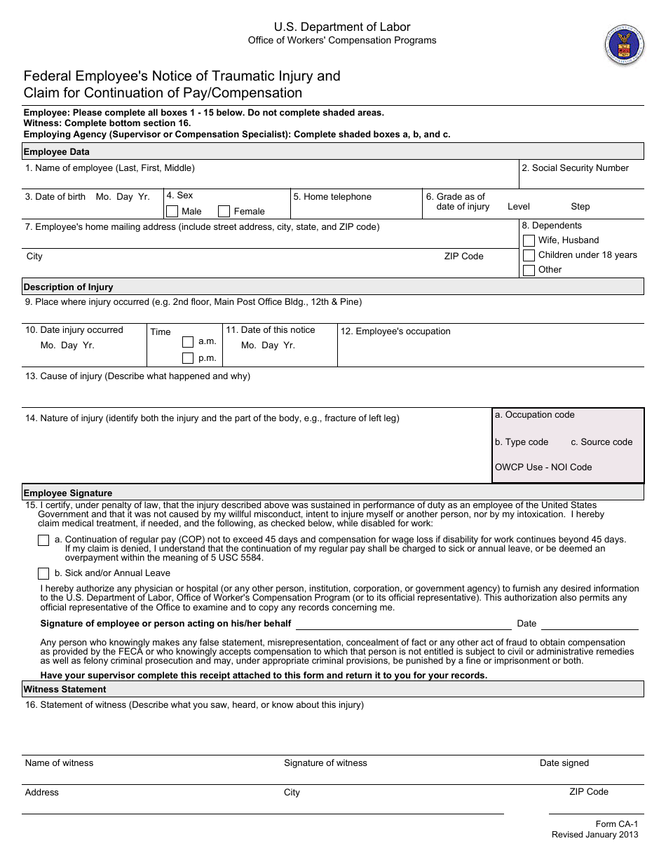 Form CA-1 Federal Employee's Notice of Traumatic Injury and Claim for Continuation of Pay/Compensation, Page 1