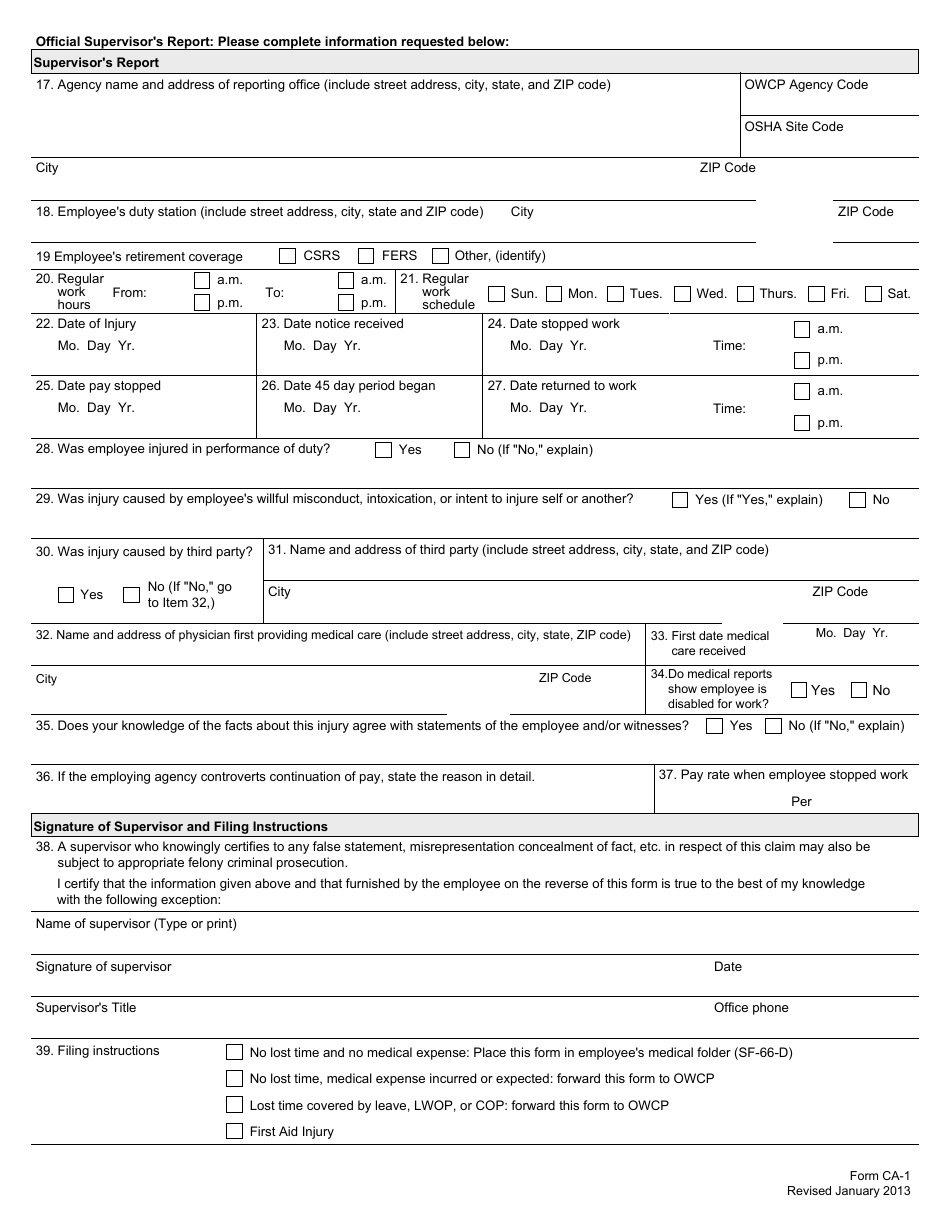 Form CA-1 Federal Employees Notice of Traumatic Injury and Claim for Continuation of Pay / Compensation, Page 2