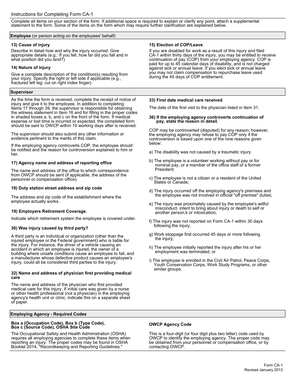 Form CA-1 Federal Employees Notice of Traumatic Injury and Claim for Continuation of Pay / Compensation, Page 3