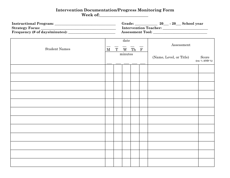 Intervention Documentation/Progress Monitoring Form, Page 1