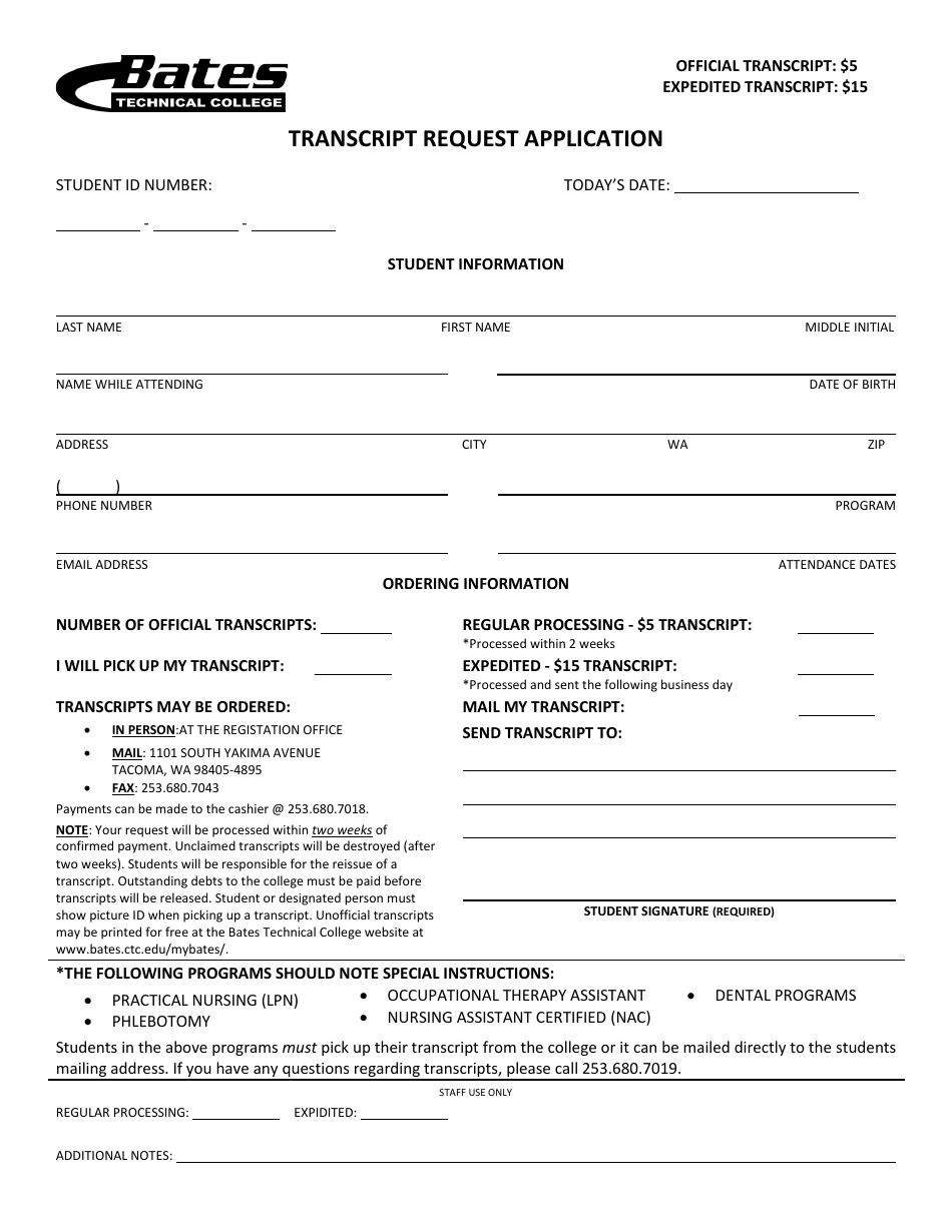 Transcript Request Application Form - Bates Technical College - Washington, Page 1