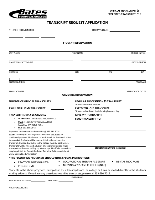 Transcript Request Application Form - Bates Technical College - Washington