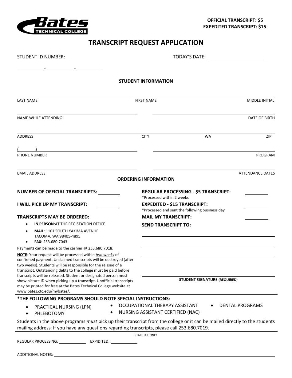 Washington Transcript Request Application Form - Bates Technical ...