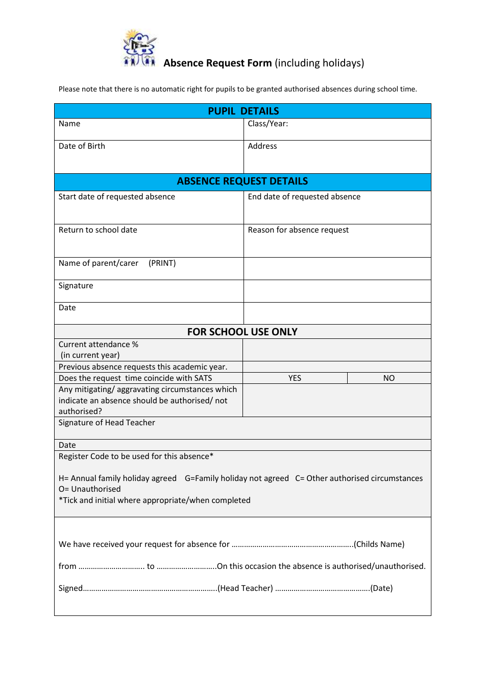 Absence Request Form (Including Holidays), Page 1