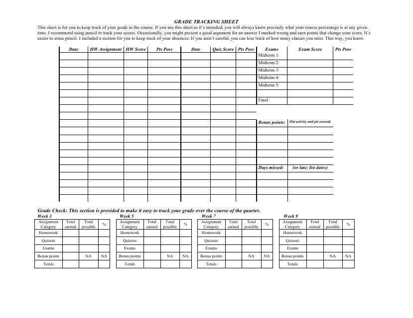 Grade Tracking Sheet Template - Table