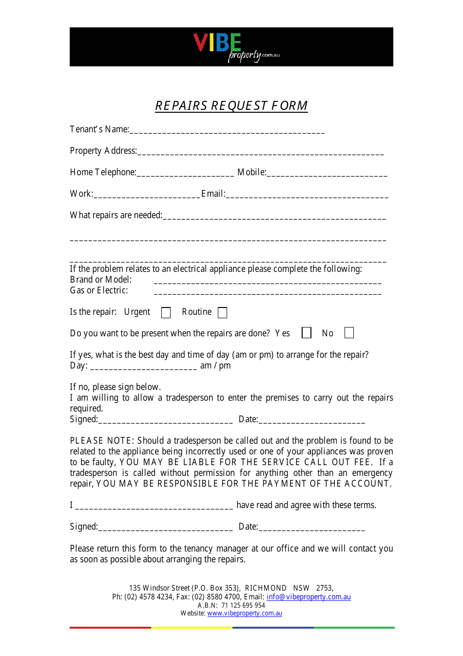 Repairs Request Form - Vibe Property, Page 1
