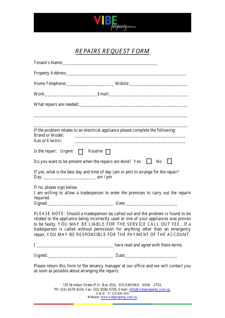 Repairs Request Form - Vibe Property