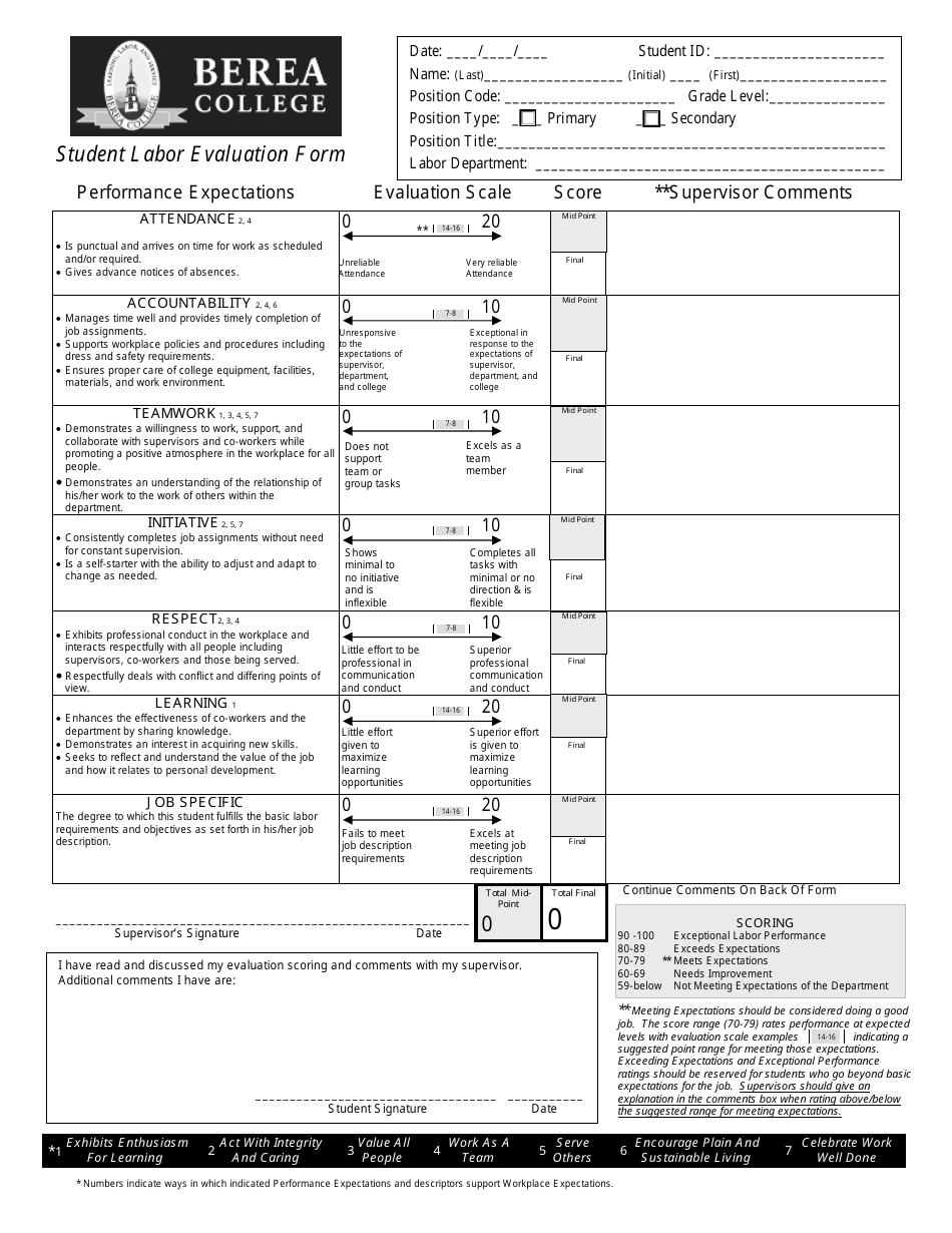 Student Labor Evaluation Form - Berea College, Page 1