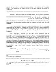 Power of Attorney Appointing an Agent for Service of Process Under the Pesdicide Application Law, Section 69-23-109 Ms Code as Amended - Mississippi
