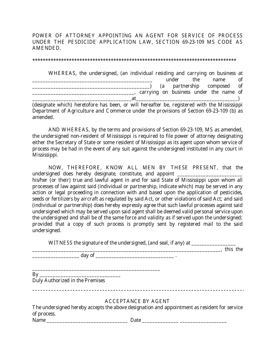 Power of Attorney Appointing an Agent for Service of Process Under the Pesdicide Application Law, Section 69-23-109 Ms Code as Amended - Mississippi, Page 1