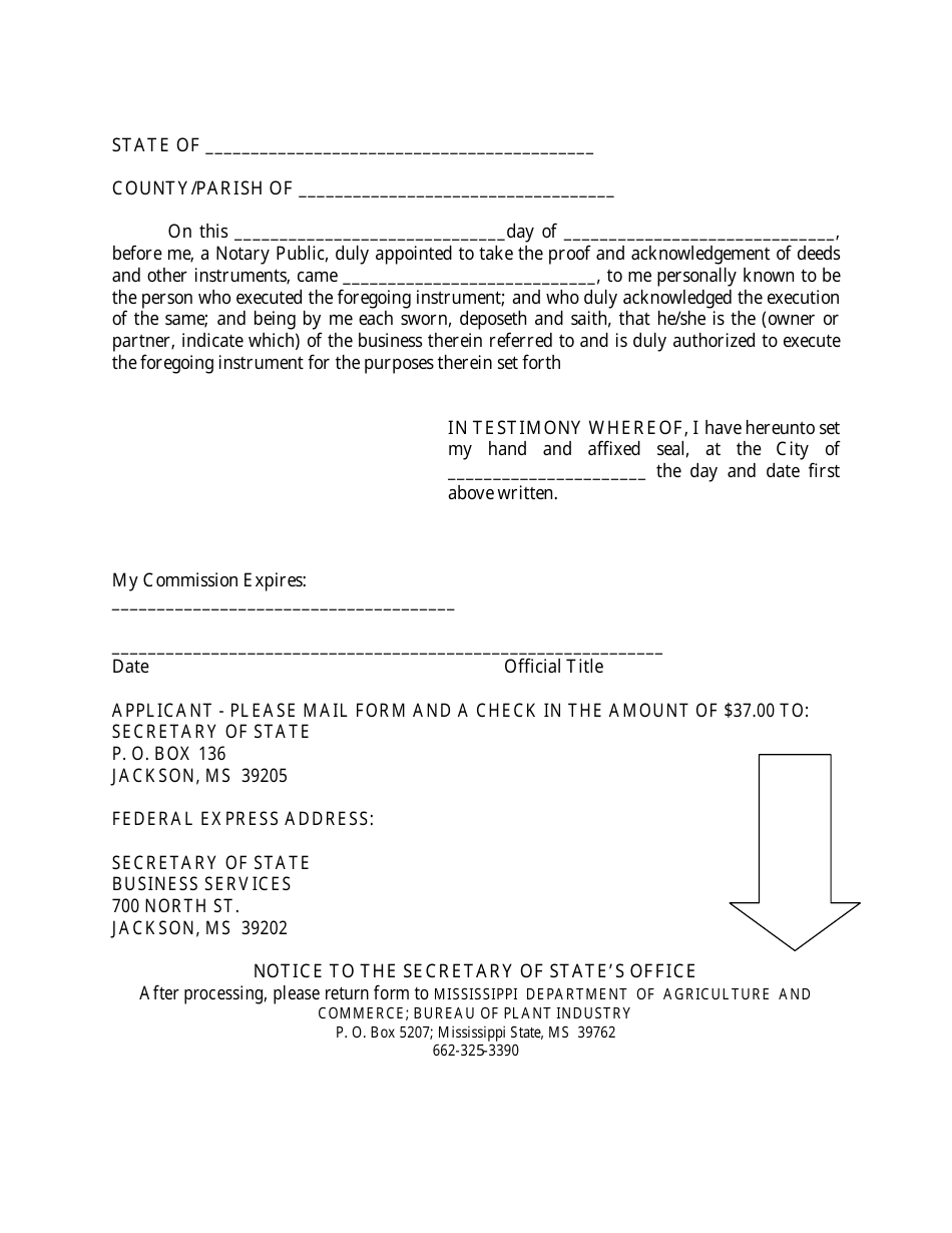 Power of Attorney Appointing an Agent for Service of Process Under the Pesdicide Application Law, Section 69-23-109 Ms Code as Amended - Mississippi, Page 2