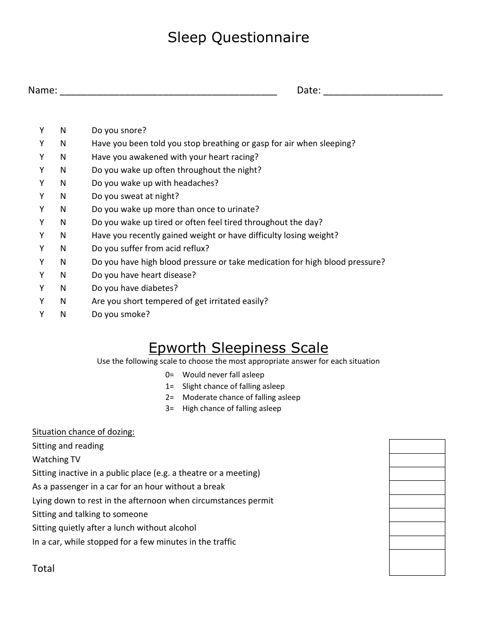 Sleep Questionnaire Evaluation Form, Page 1