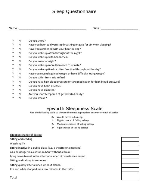 Sleep Questionnaire Evaluation Form