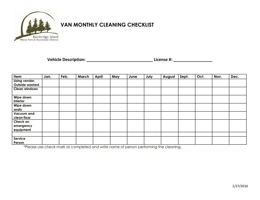 Van Monthly Cleaning Checklist Template - Bainbridge Island Metro Park & Recreation District