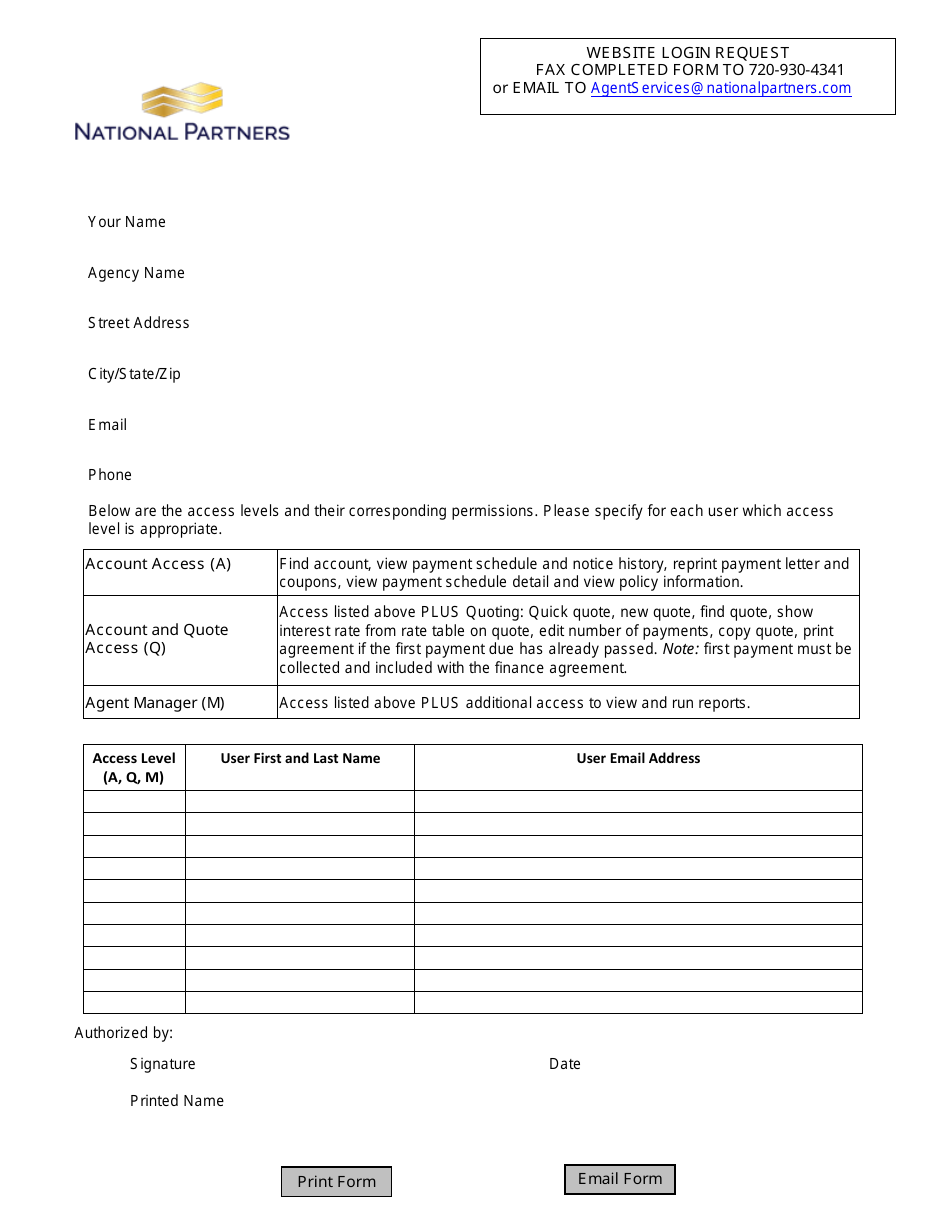 Website Login Request Form - National Partners, Page 1