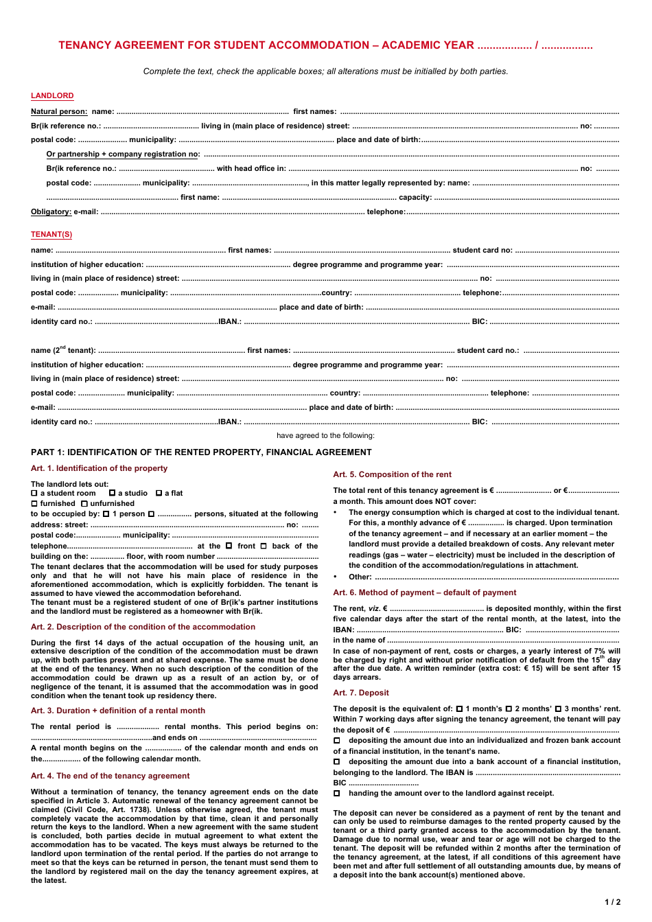 Tenancy Agreement Form for Student Accommodation - Br(Ik - Netherlands, Page 1