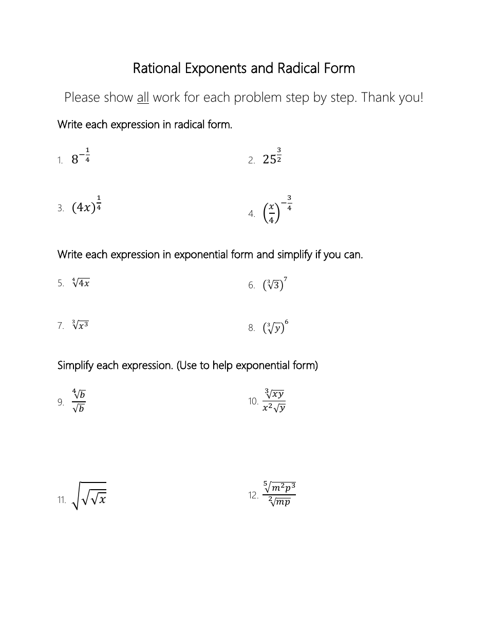 Rational Exponents and Radical Form Worksheet, Page 1