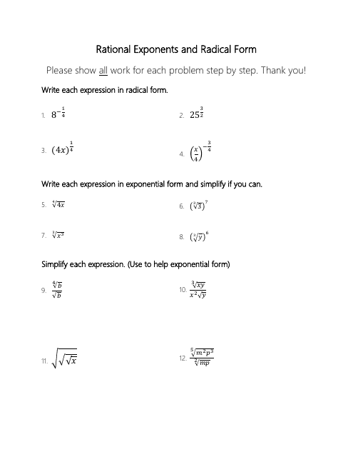 Rational Exponents and Radical Form Worksheet