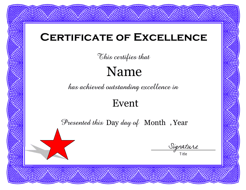Certificate of Excellence Template with Red Star
