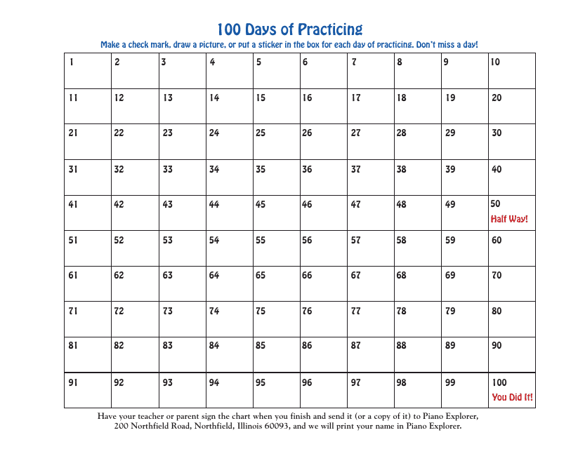 &quot;100 Piano Practice Days Template - Piano Explorer&quot; Download Pdf