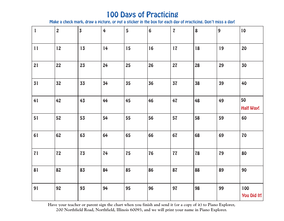 100 Piano Practice Days Template - Piano Explorer Download Printable ...