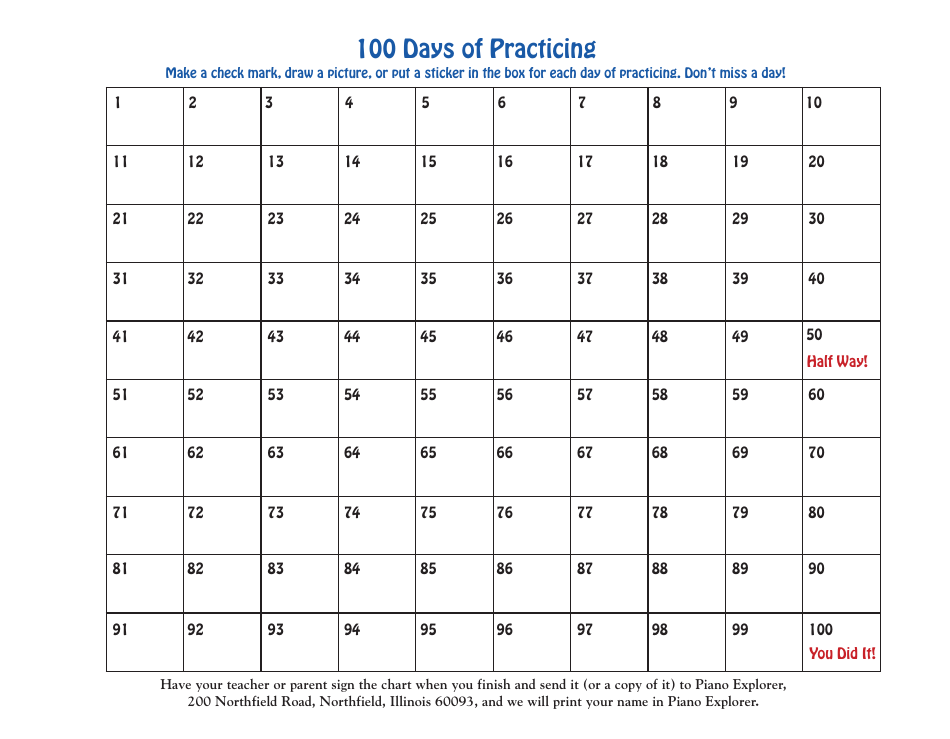 100 Piano Practice Days Template - Piano Explorer Preview Image