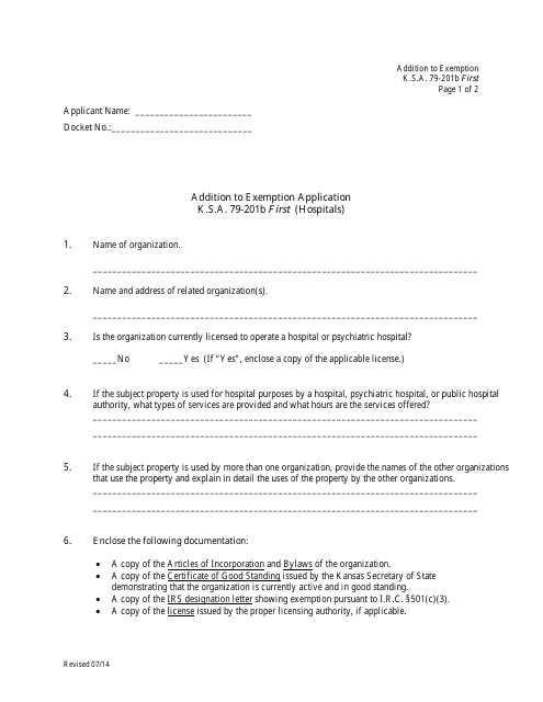 Addition to Exemption Application. K.s.a. 79-201b First (Hospitals) - Kansas Download Pdf