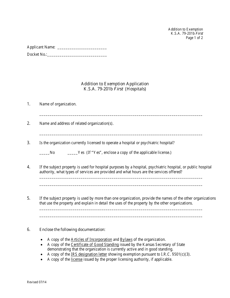 Addition to Exemption Application. K.s.a. 79-201b First (Hospitals) - Kansas, Page 1