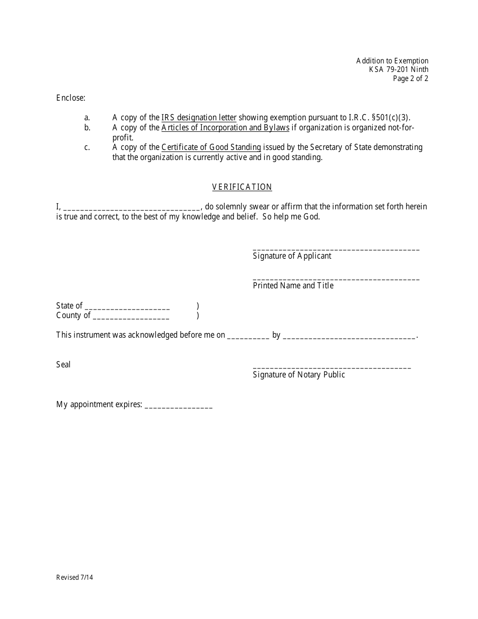 Kansas Addition To Exemption Application Humanitarian Service Provider Ksa 79 201 Ninth 