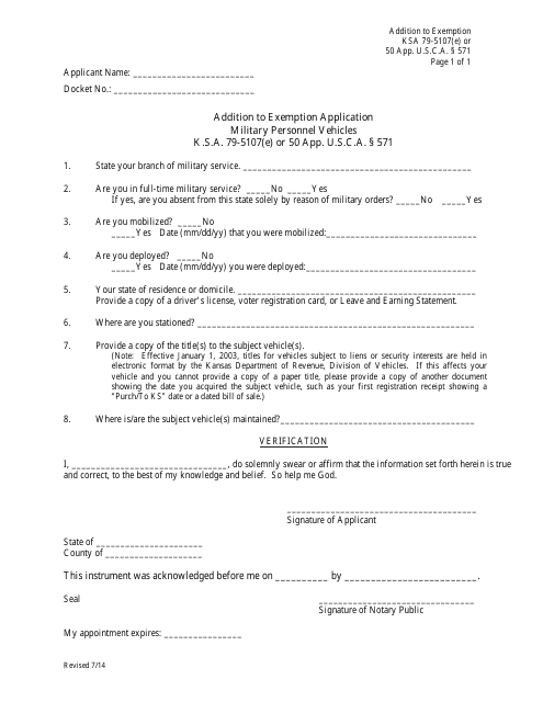 Addition to Exemption Application Military Personnel Vehicles - Kansas Download Pdf