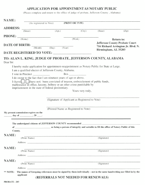Application Form for Appointment as Notary Public - Jefferson county, Alabama